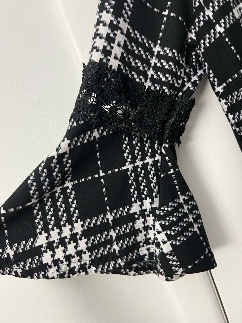 Jon & Anna Contemporary Black and White Plaid Dress with Bell Sleeves and Lace T - Picture 3 of 3